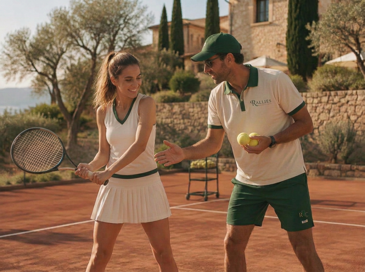A coach guiding a smiling player on a sunlit clay court