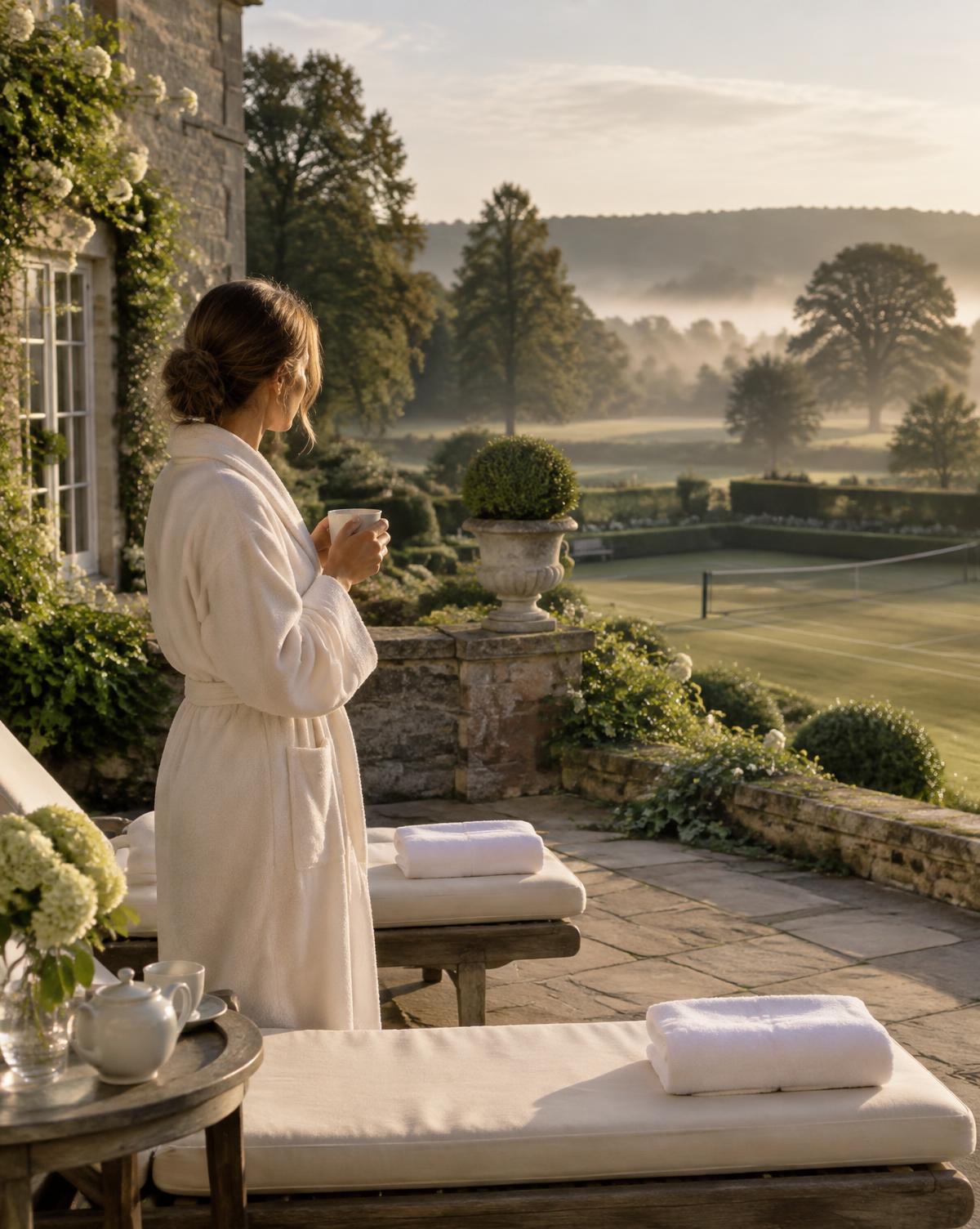 Morning on a country house spa terrace overlooking a grass court
