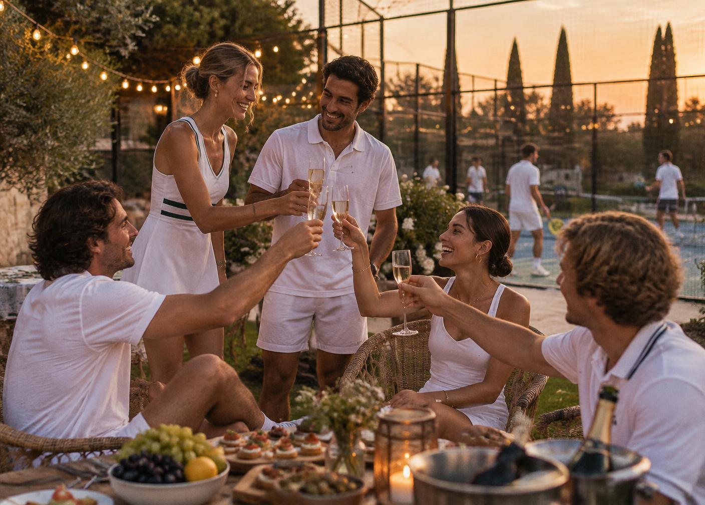 Friends toasting at a dusk garden party beside a padel court